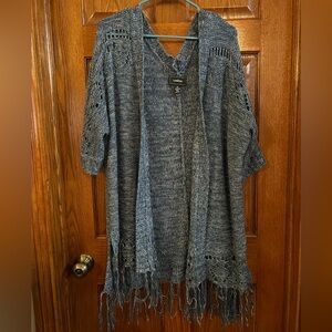 Confess 2X Open Knit Short Sleeve Cardigan Blue Fringe Details